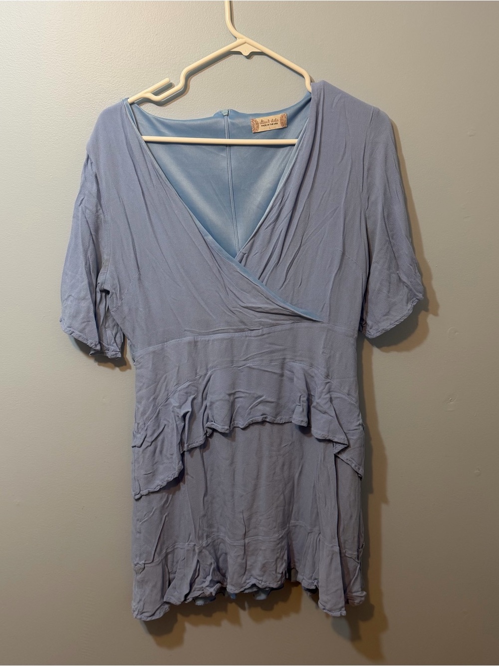 Altar'd State Dusty Blue Ruffle Wrap Mini Dress
